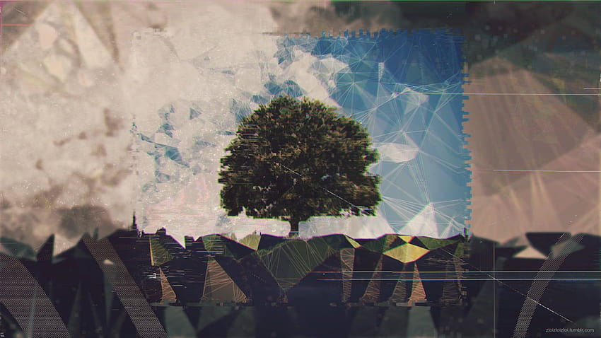 Green leafed tree illustration, glitch art, noise, abstract, tumblr aesthetic landscape HD wallpaper
