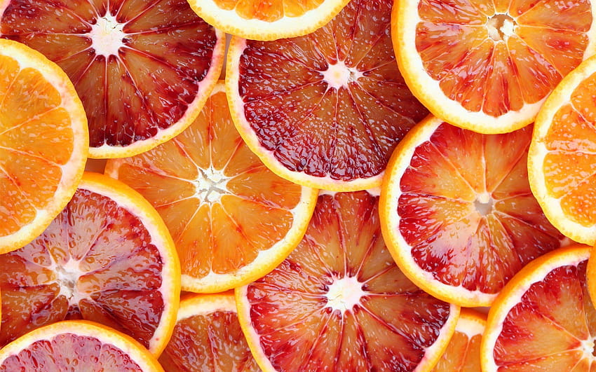 Fruit slices, oranges, grapefruit, juice, red and yellow, red banana HD wallpaper