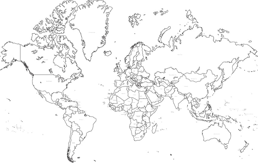 Mapa do mundo preto e branco, mapa de contorno do mundo papel de parede HD