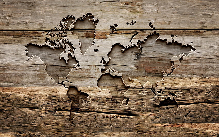 Mapa do mundo de madeira, fundos de madeira, globos, mapa do mundo, criativo, escultura em madeira, conceito de mapa do mundo com resolução 3840x2400. Alta qualidade papel de parede HD