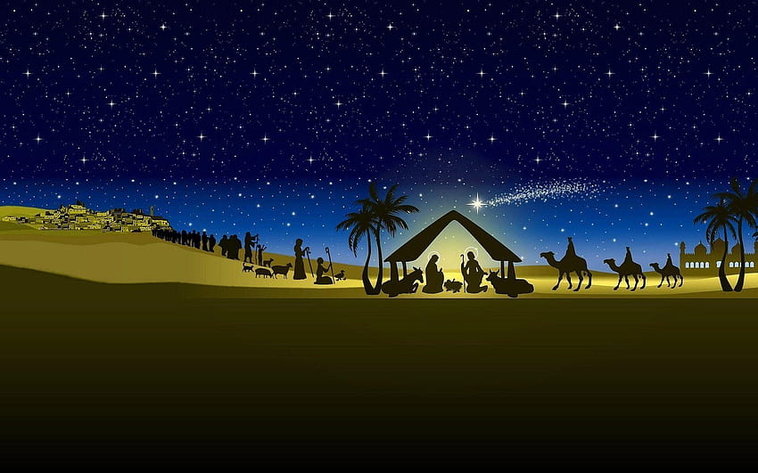 6 Natividad Navidad, maría poniendo al niño jesús en un pesebre fondo de pantalla