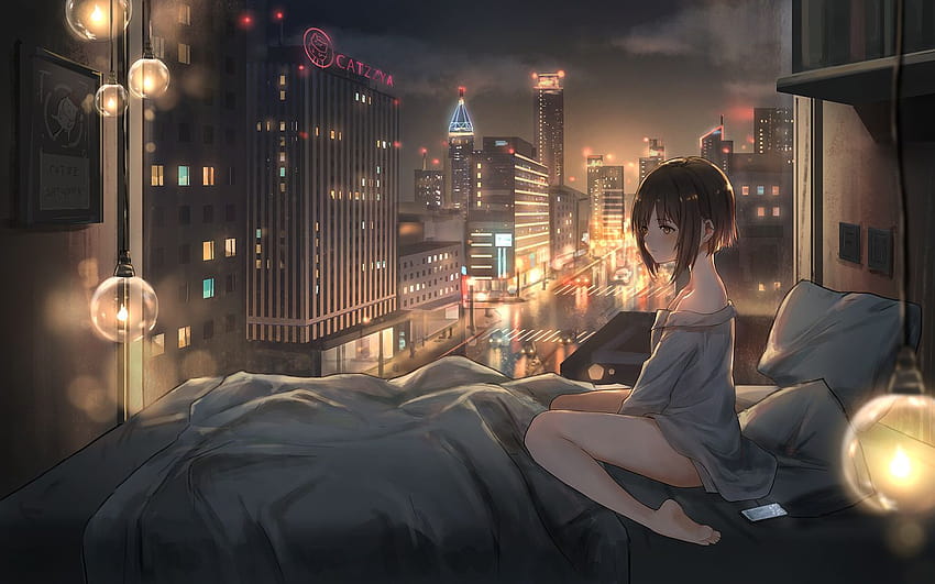 1440x900 Anime Girl Światła miasta Rozdzielczość 1440x900, miasto anime noc noc Tapeta HD