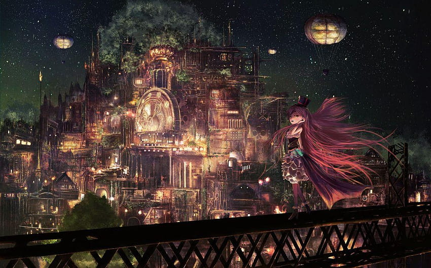 Anime city sky light night original stars girl long hair, night city anime HD wallpaper