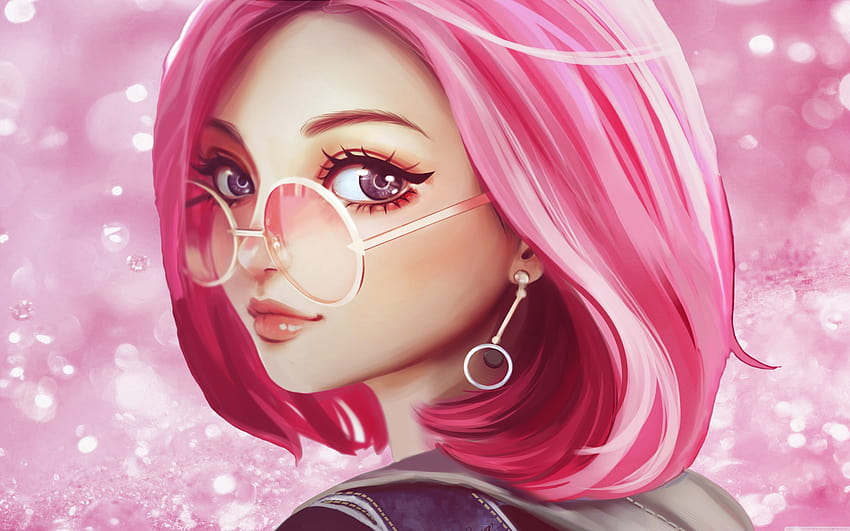 かわいい女の子のピンクの髪のサングラス デジタル アート U TV の超背景を描く : ワイドスクリーン & UltraWide & ラップトップ : マルチ ディスプレイ、デュアル & トリプル モニター : タブレット : スマートフォン、デジタル アートの女の子 高画質の壁紙