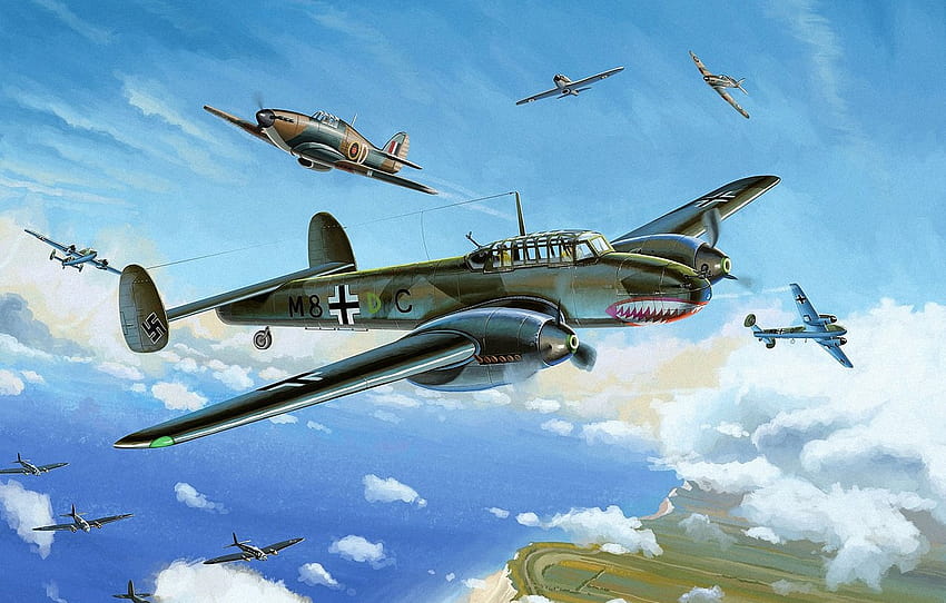 war, art, painting, Hurricane, drawing, ww2, He 111, dogfight, bf 110, battle of britain, dover , section авиация HD wallpaper