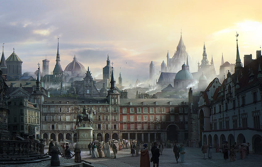 都市、人々、建物、エリア、中世ヨーロッパの町の広場、セクション рендеринг、 高画質の壁紙