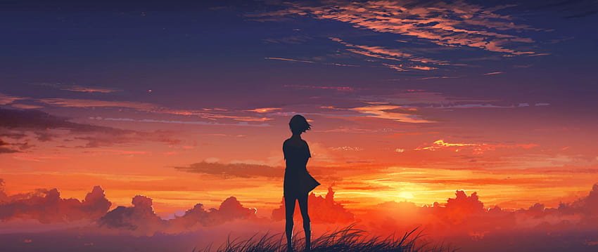 Sunset anime girl Ultra Wide TV, red anime HD wallpaper