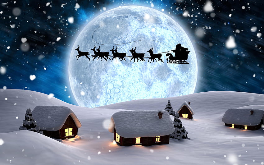 Deer sleigh silhouettes Winter Santa Claus Snow 3840x2400, santa sleigh and reindeers in sky HD wallpaper