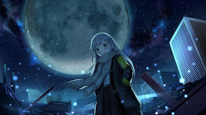 1920x1080 Anime Night, Giant Moon, Starry Sky, Anime Girl, Winter for ...