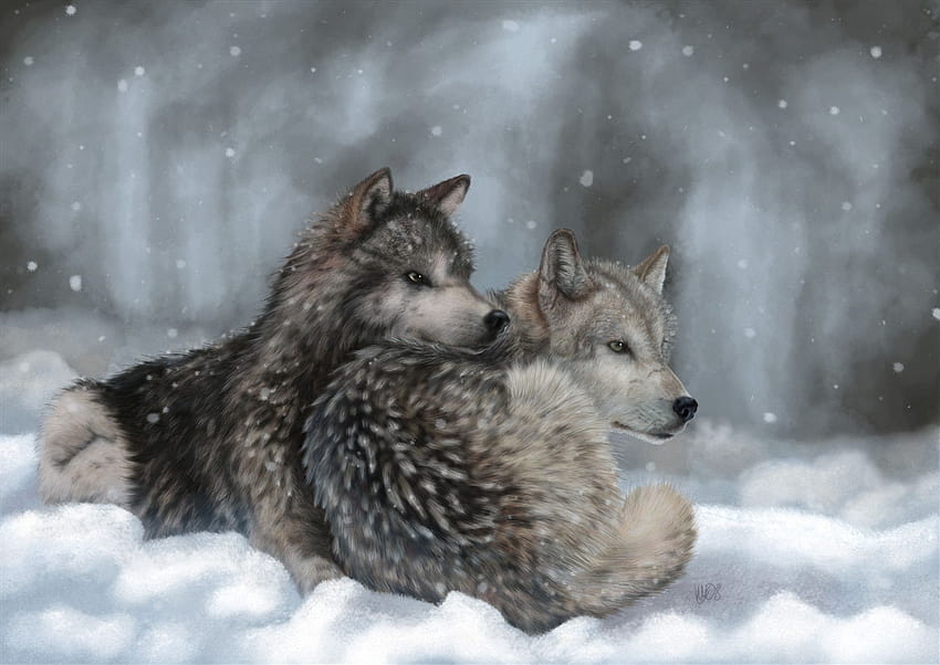 wolves, Painting, Art, Wolf, Winter, Snow / and Mobile Backgrounds, painted wolf HD wallpaper