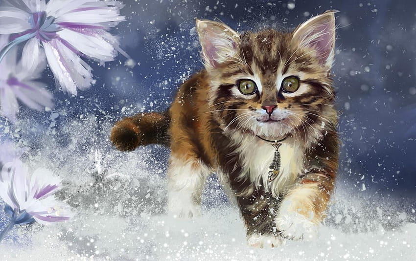 Sweet Kitty Cat Snowy Flowers HD wallpaper