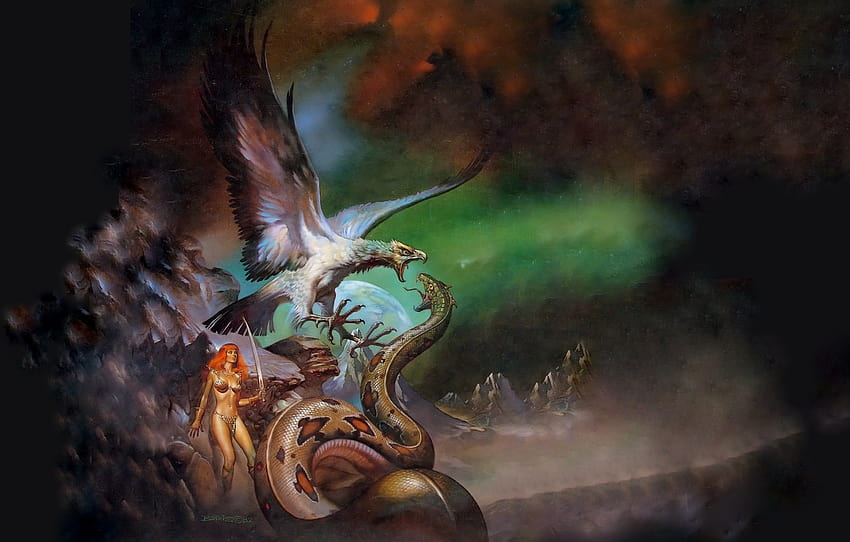 Snake, Red Sonja, Red Sonja, Boris Vallejo, Boris Vallejo, Белый орёл, Бронебикини, Abschnitt Fantasy HD-Hintergrundbild