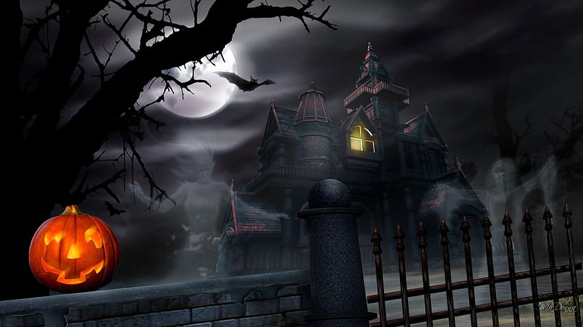 Haunted Halloween House, Lights, Full Moon, Jack • For You For & Mobile, 2048x1152 halloween HD wallpaper