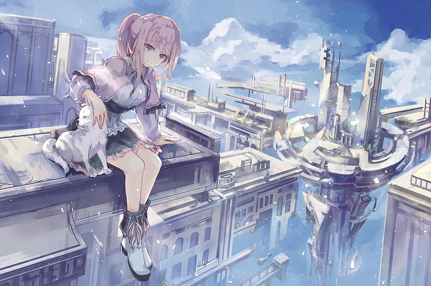 2560x1700 Floating City, Fantasy World, Anime Girl, Pink, anime city pink HD wallpaper