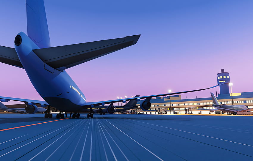 Night, The plane, Liner, Board, Airport, 80s, Render, Night, Airplane, Airport, Board, Liner, Transport & Vehicles, A Hiroshi Nagai Reimagined, by Acool rocket, Taxiway , section рендеринг, night flight HD wallpaper