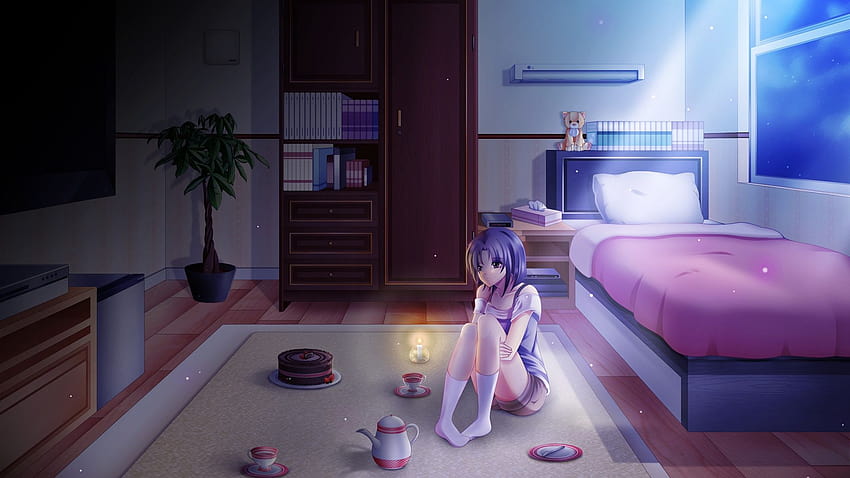 Noche solitaria, chica de anime en el dormitorio, luz de luna 2560x1600, sala de anime 1920x1080 fondo de pantalla