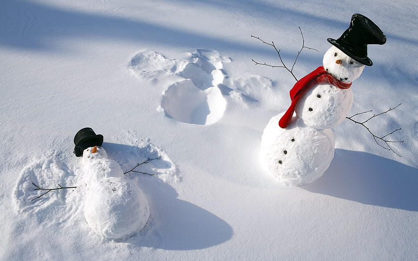 Зимен снежен човек, зимни истински снежни човеци HD тапет