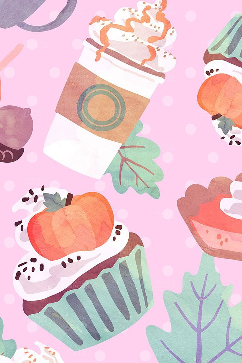 3 FOR 2. Fall Autumn Treats Digital Paper. Thanksgiving Pumpkin Latte, Squirrel, Cupcake, Turkey. Polka Dot. Food Coffee. Pastel, Pattern. in 2020, pink thanksgiving HD phone wallpaper