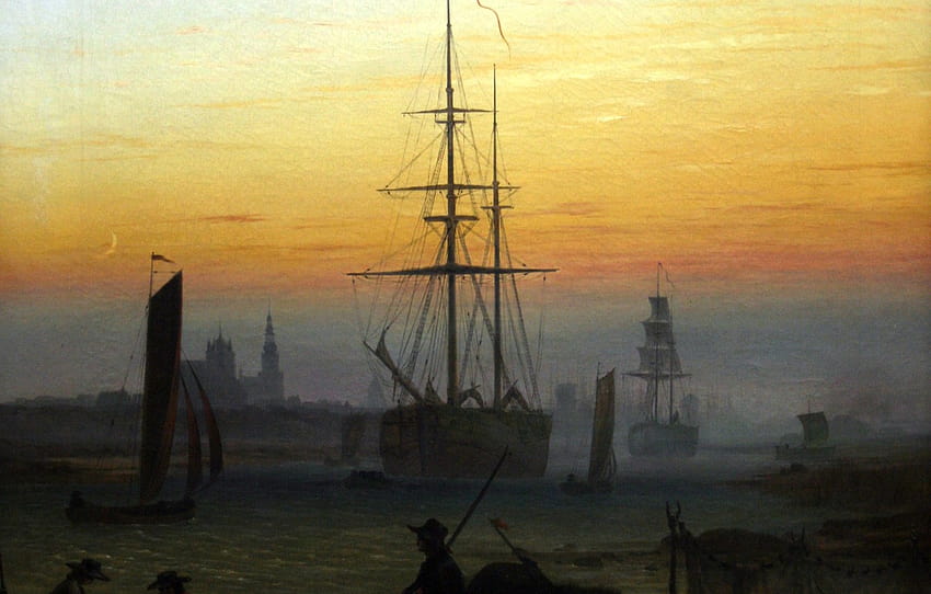 ship, silhouette, Harbour, Caspar David Friedrich , section живопись HD wallpaper