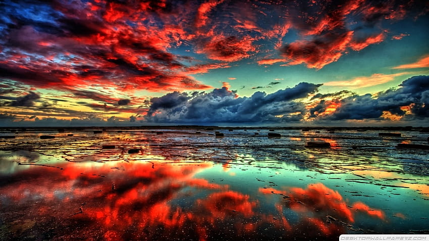 น้ำ ภูมิทัศน์ ธรรมชาติ ดวงอาทิตย์ เมฆสีแดง การสะท้อน ศิลปะแฟนตาซี [1366x768] สำหรับมือถือและแท็บเล็ต การสะท้อนน้ำ วอลล์เปเปอร์ HD