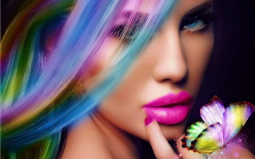 Fantasy Girl with Rainbow Hair and Backgrounds HD wallpaper