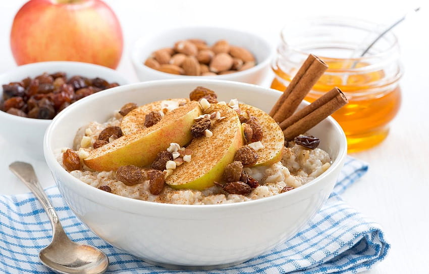 Apple, honey, nuts, cinnamon, raisins, porridge, oatmeal HD wallpaper