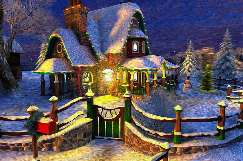 2560x1700 Przytulny Dom, Boże Narodzenie 2018, Drzwi, Płot, Śnieg, Zima na Chromebooka Pixel, Zima przytulna Tapeta HD
