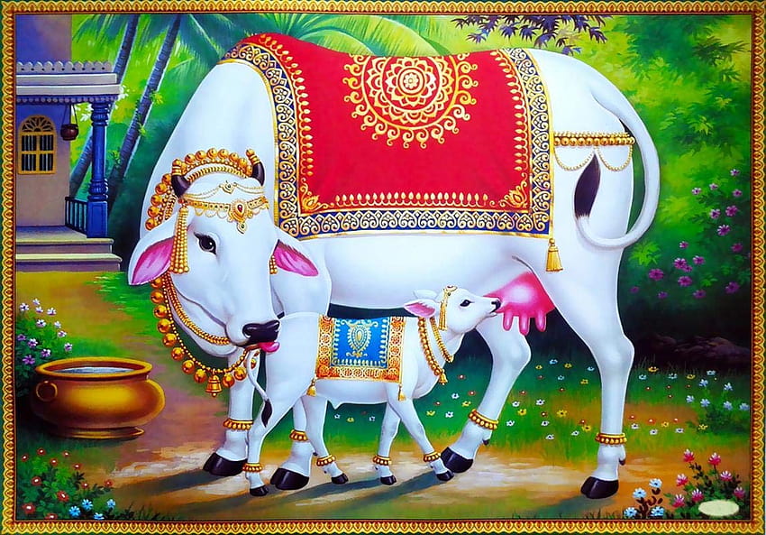 ДИЗАЙН НА ХАРТИЕН САМОЛЕТ Индуистка религиозна крава камдхену с теле без рамка за стенен плакат, камадхену HD тапет