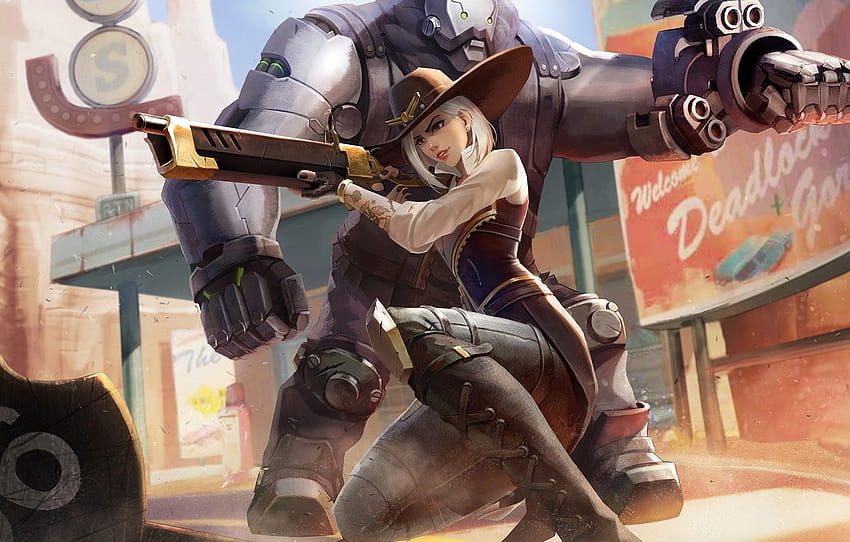 girl, weapons, the game, robot, Ashe, Overwatch, B.O.B. , section игры HD wallpaper