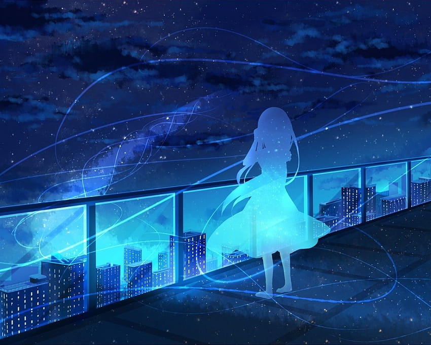 1280x1024 Anime Girl Silhouette, Stars, Night, Rooftop, Fence, Scenic, Sky, anime night roof HD wallpaper