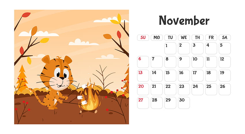 Horizontal calendar page template for November 2022 with a cartoon Chinese year symbol. The week starts on Sunday. Tiger roasts marshmallows on fire 6602064 Vector Art at Vecteezy, november 2022 calendar HD wallpaper