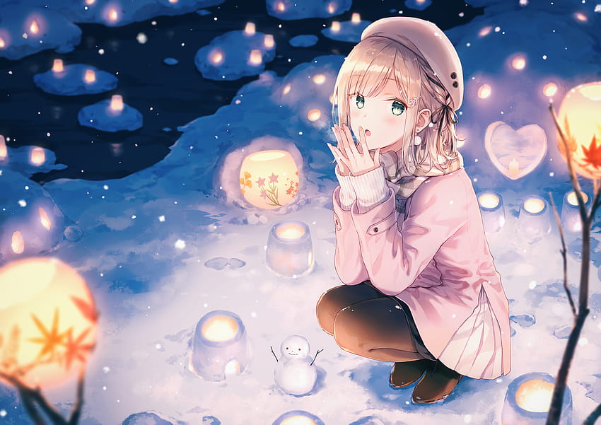 Anime Anime Dziewczyny Sztuka cyfrowa Grafika 2D Portret Hiten Zima Śnieg Bałwany Noc Blonde Green Eyes, winter anime art Tapeta HD