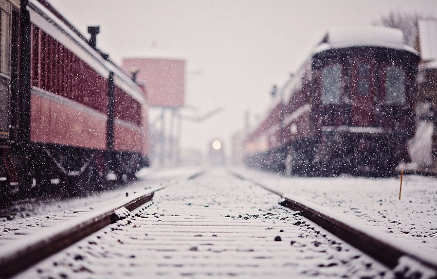 hiver, neige, train, gare, voitures, chemin de fer, section город, chemin de fer d'hiver Fond d'écran HD