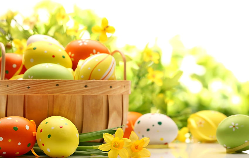 flowers, table, holiday, basket, eggs, spring, yellow, green, Easter, orange, daffodils, Easter, Easter , section праздники, green easter HD wallpaper