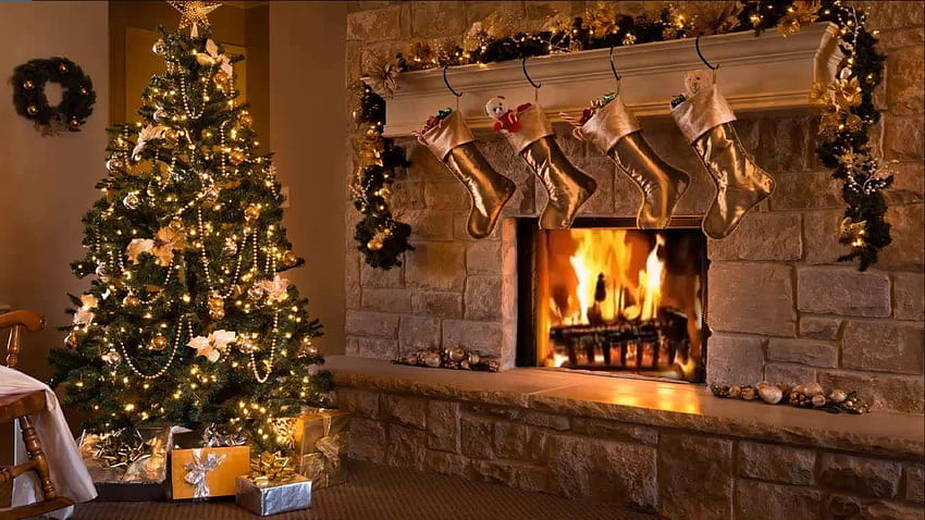 Música navideña clásica con chimenea y hermosa noche de chimenea navideña fondo de pantalla
