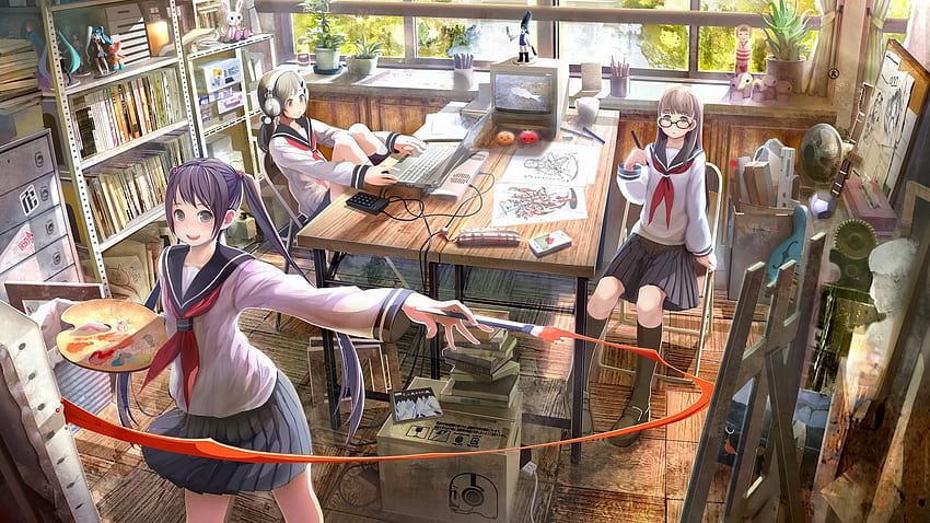 computadoras uniformes escolares pintura auriculares niña anime dibujado anime girls oekaki musume 1920x1080 w – Anime Hot Anime, anime girl study fondo de pantalla