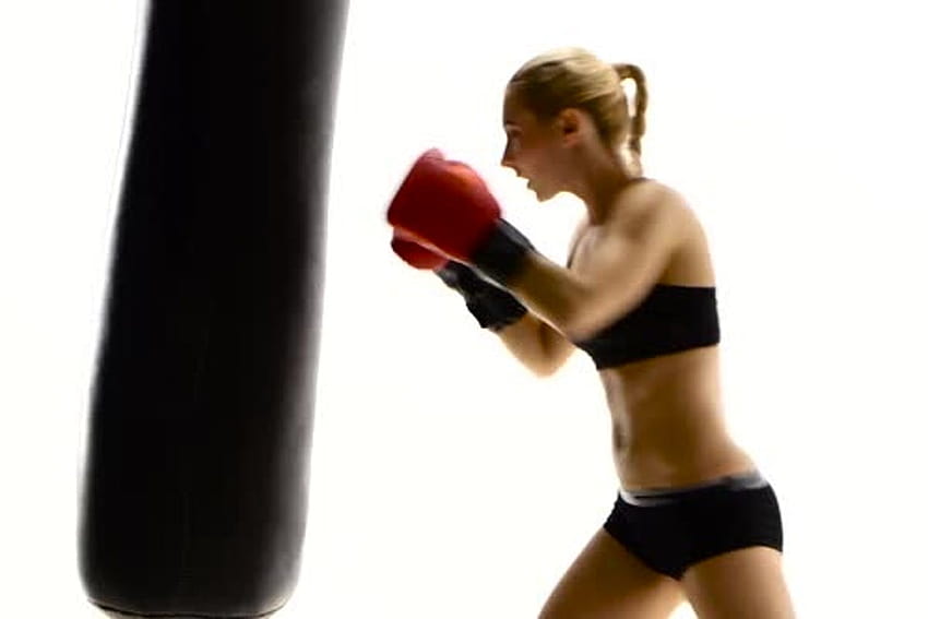Kickboxer Woman Fulfills Blows on Punching Bag. White Studio by KinoMaster on Envato Elements, girl punching bag HD wallpaper
