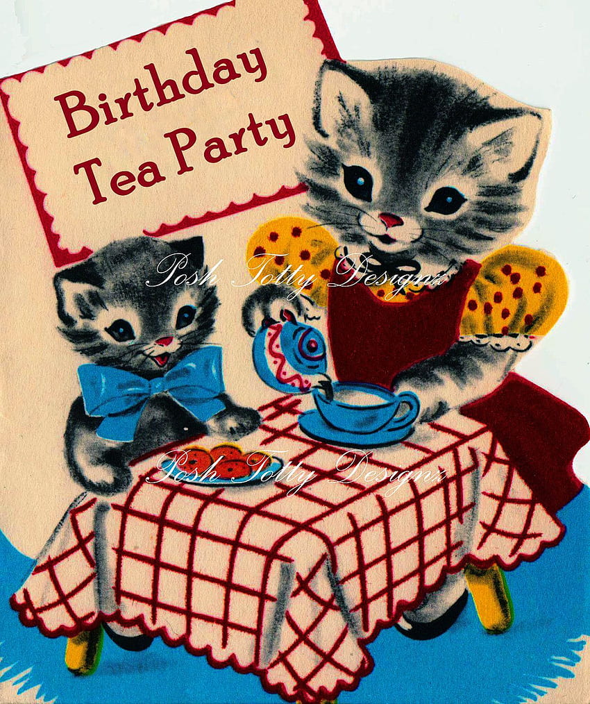 A Kittens Tea Party 1950s Vintage Digital, partie de thé chaton Fond d'écran de téléphone HD