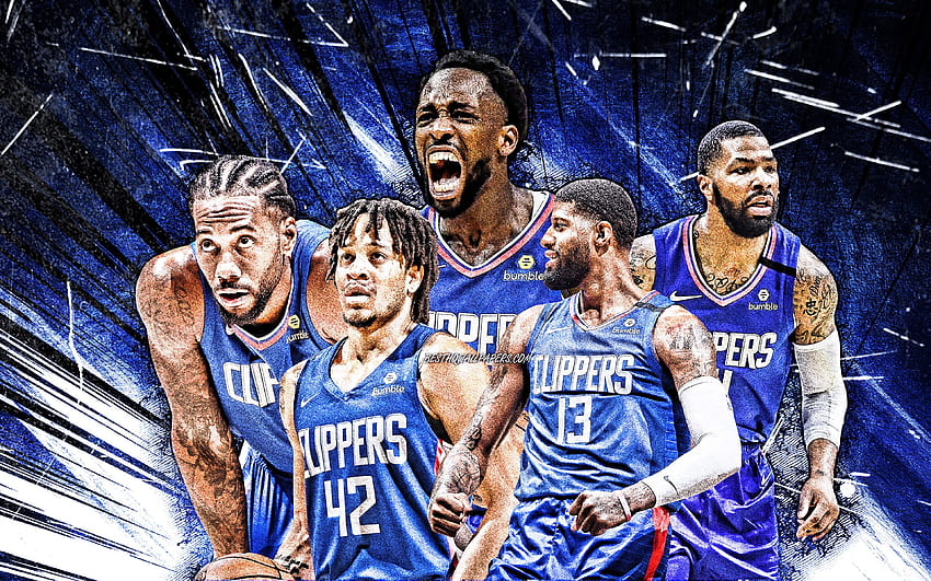 Paul George, Marcus Morris, Kawhi Leonard, Patrick Beverley, Amir Coffey, grunge art, Los Angeles Clippers, basketball, NBA, Los Angeles Clippers team, blue abstract rays, basketball stars, LA Clippers for HD wallpaper