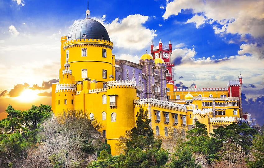 the sky, the sun, clouds, trees, yellow, castle, pena palace HD wallpaper