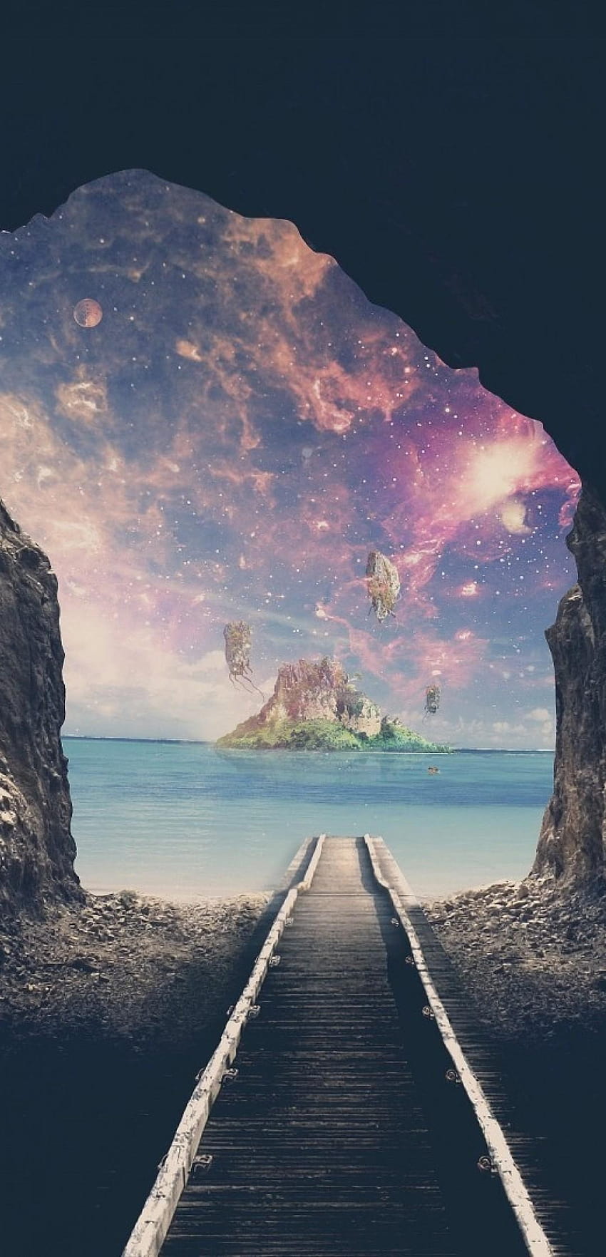 1080x2240 Fantasy World, Tunnel, Railway, Nebula, Island HD phone wallpaper