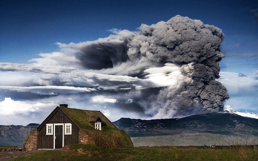 green, house, roof, nature, ash clouds, volcano, eruption, volcano eruption HD wallpaper