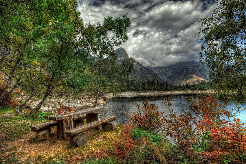 r, Piedmont, Antrona, Table, Trees, Bench, Mountains, Samsung, bench by the lake HD wallpaper