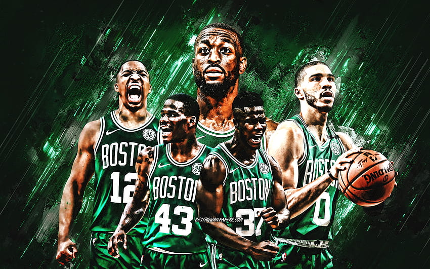 Boston Celtics, klub bola basket Amerika, NBA, AS, latar belakang batu hijau, bola basket, Jayson Tatum, Kemba Walker, Jaylen Brown dengan resolusi 2880x1800. Kualitas tinggi, tim boston celtics Wallpaper HD