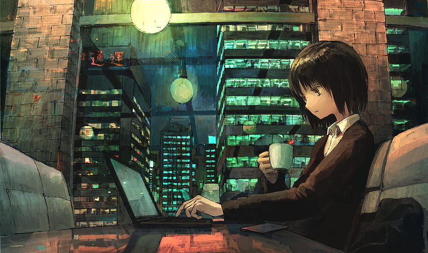 : anime girls, computer, skyscraper, night, urban, reflection, cafes, Japan, laptop, calm, work, job, office, schoolgirl, skinny, Cup Coffe 1500x890, anime office HD wallpaper