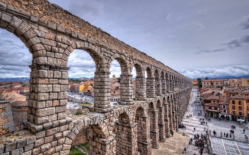 Aqueduct of Segovia, The Roman Aqueduct, longest aqueduct, ancient buildings, Western Europe, Segovia, Spain with resolution 3840x2400. High Quality HD wallpaper