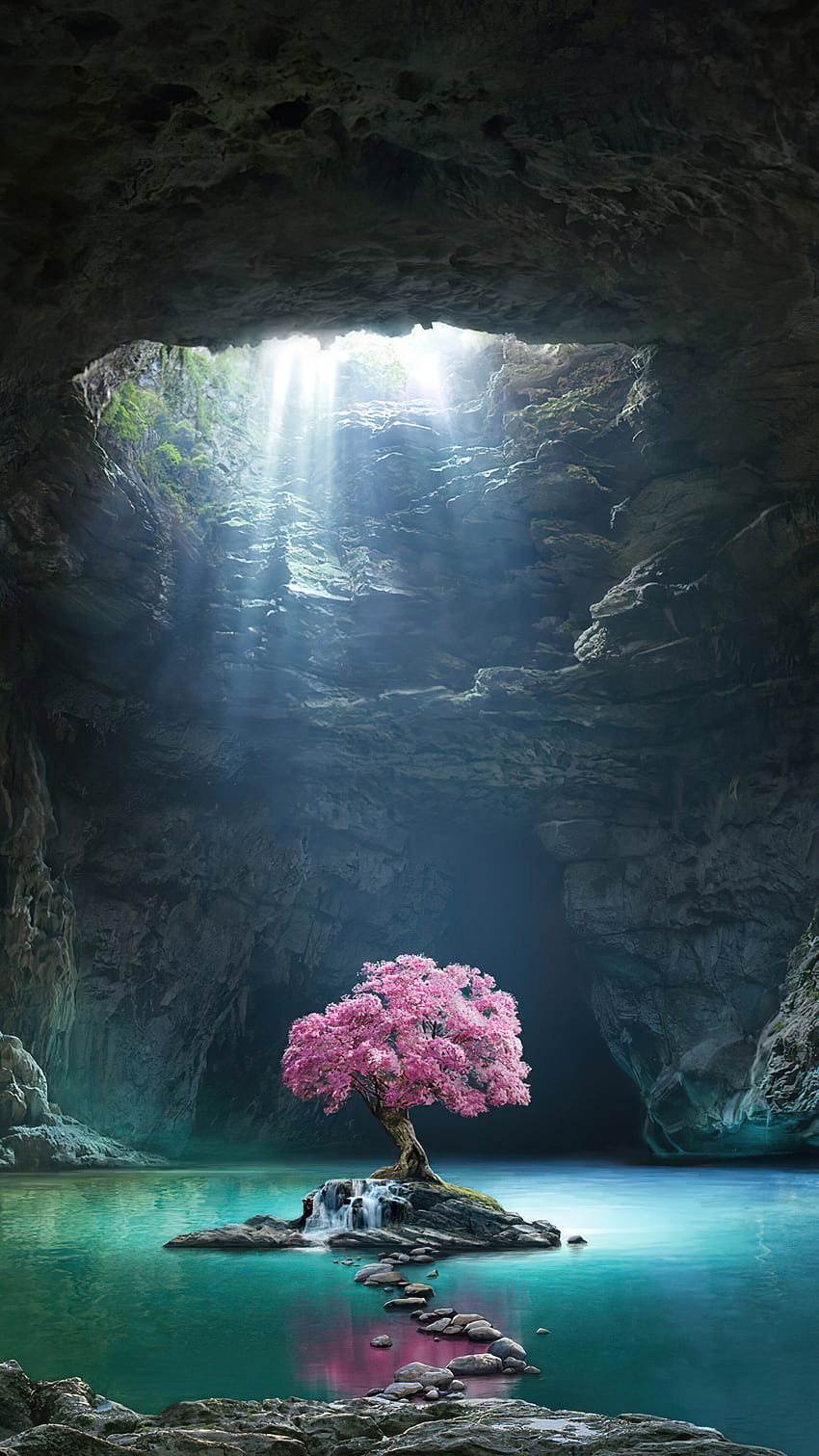 322243 Beautiful, Cherry Blossom, Cave, Lake, Scenery, phone , Backgrounds, and HD phone wallpaper