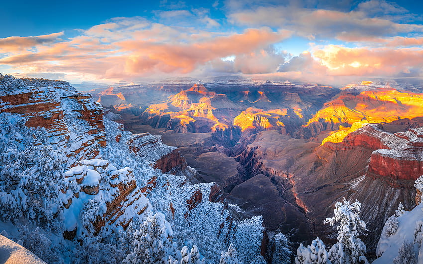 Çözünürlük 3840x2400 ile Grand Canyon, kış, kayalar, Arizona, güzel doğa, ABD, Amerika, kanyon, amerikan yerlerinden. Yüksek Kalite, büyük kanyon kışı HD duvar kağıdı