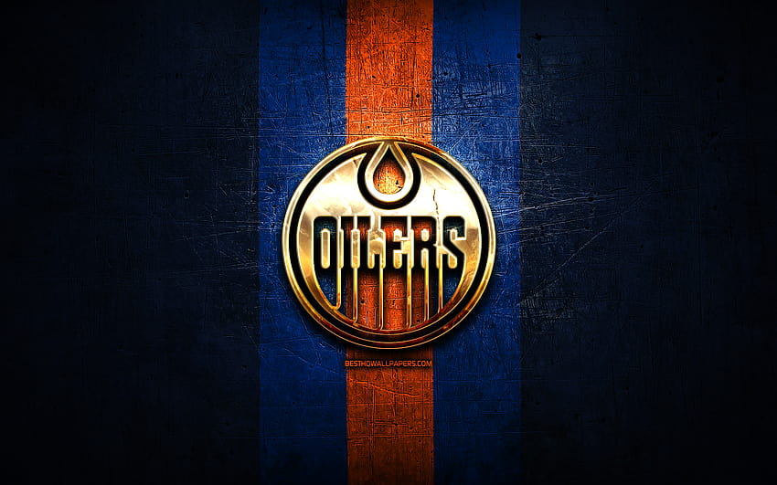 Edmonton Oilers, golden logo, NHL, blue metal background, american hockey team, National Hockey League, Edmonton Oilers logo, hockey, USA with resolution 2560x1600. High Quality HD wallpaper