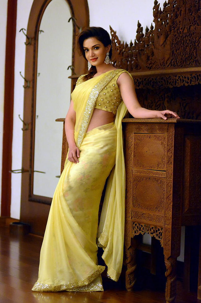 Honey Rose Hot Saree Uwodzicielska w żółtym jedwabnym sari Tapeta na telefon HD